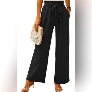 Women's Wide Leg Pants w/ Pockets Lightweight High Waisted Adjustable Tie, LG